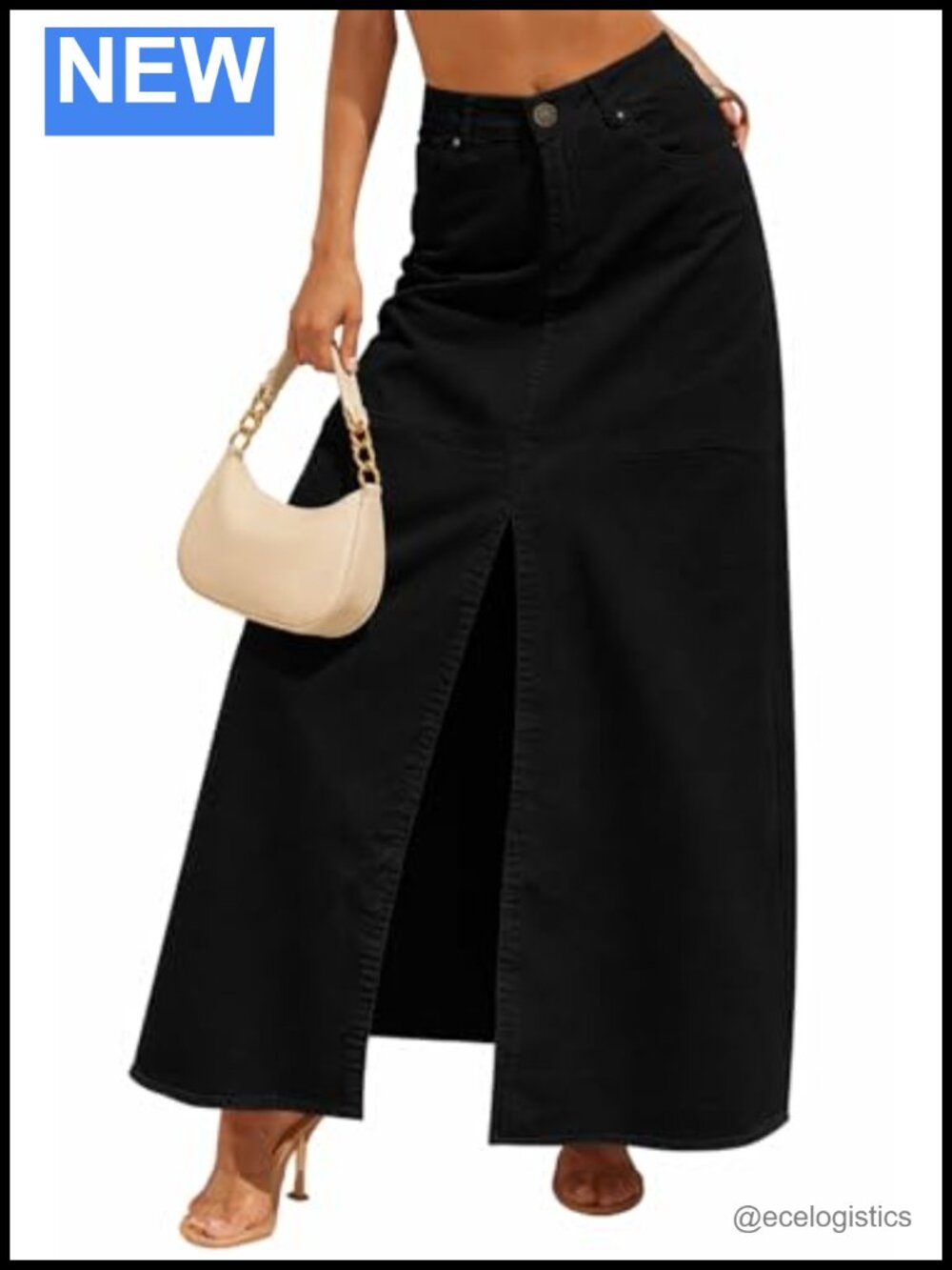 Women's High Waist Denim Maxi Skirt with Slit & Pockets
